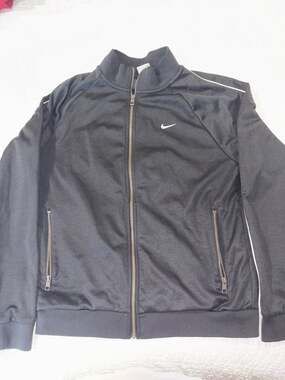Nike Track Jacket Men’s Medium Black Full Zip White Swoosh Zip Pockets Athletic